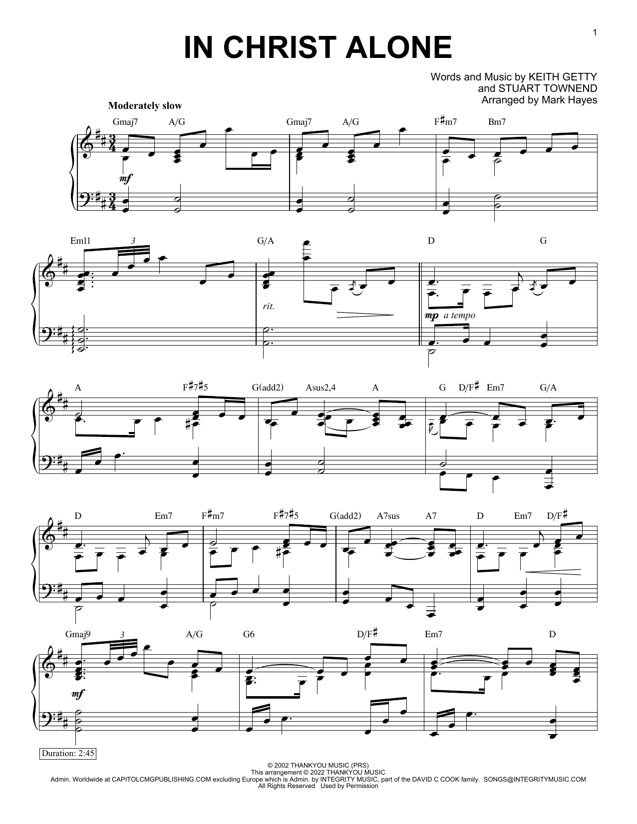 Keith & Kristyn Getty In Christ Alone (arr. Mark Hayes) Sheet Music Notes & Chords for Piano Solo - Download or Print PDF