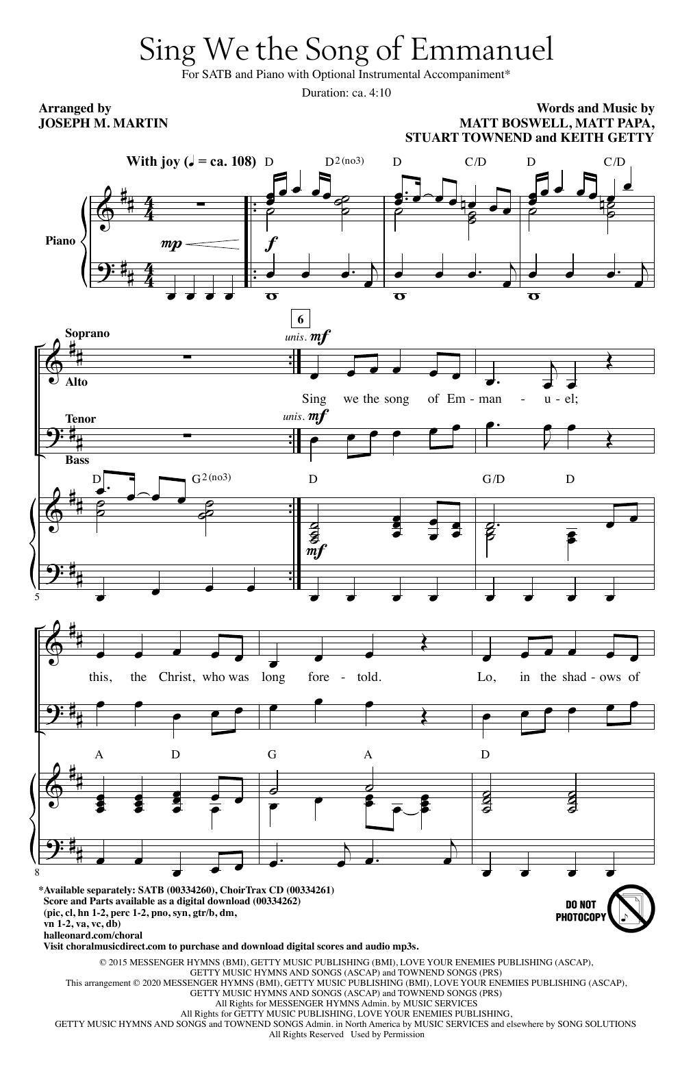 Keith & Kristyn Getty, Matt Boswell and Matt Papa Sing We The Song Of Emmanuel (arr. Joseph M. Martin) Sheet Music Notes & Chords for SATB Choir - Download or Print PDF