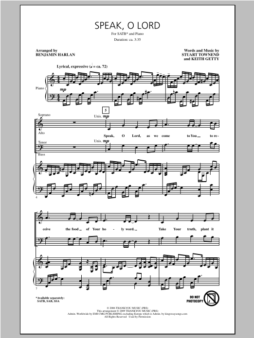 Keith & Kristyn Getty Speak O Lord (arr. Benjamin Harlan) Sheet Music Notes & Chords for SATB - Download or Print PDF