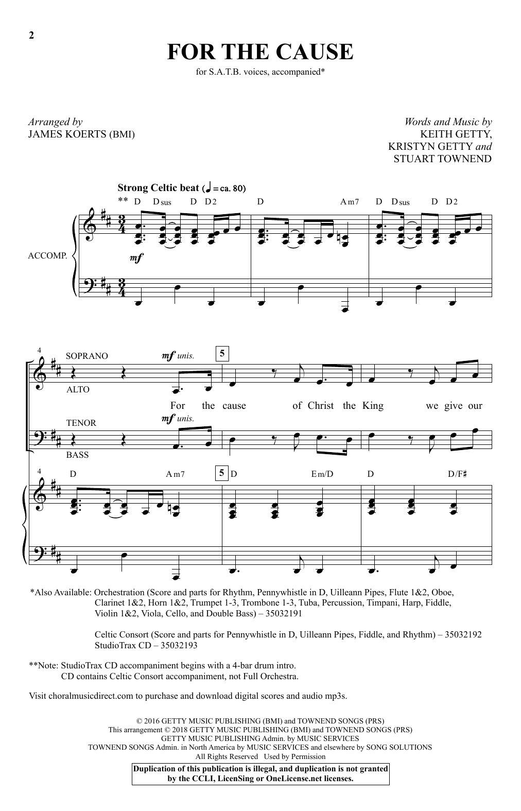 Keith and Kristyn Getty For the Cause (arr. James Koerts) Sheet Music Notes & Chords for SATB Choir - Download or Print PDF