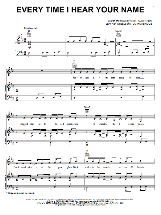 Keith Anderson Every Time I Hear Your Name Sheet Music Notes & Chords for Piano, Vocal & Guitar (Right-Hand Melody) - Download or Print PDF