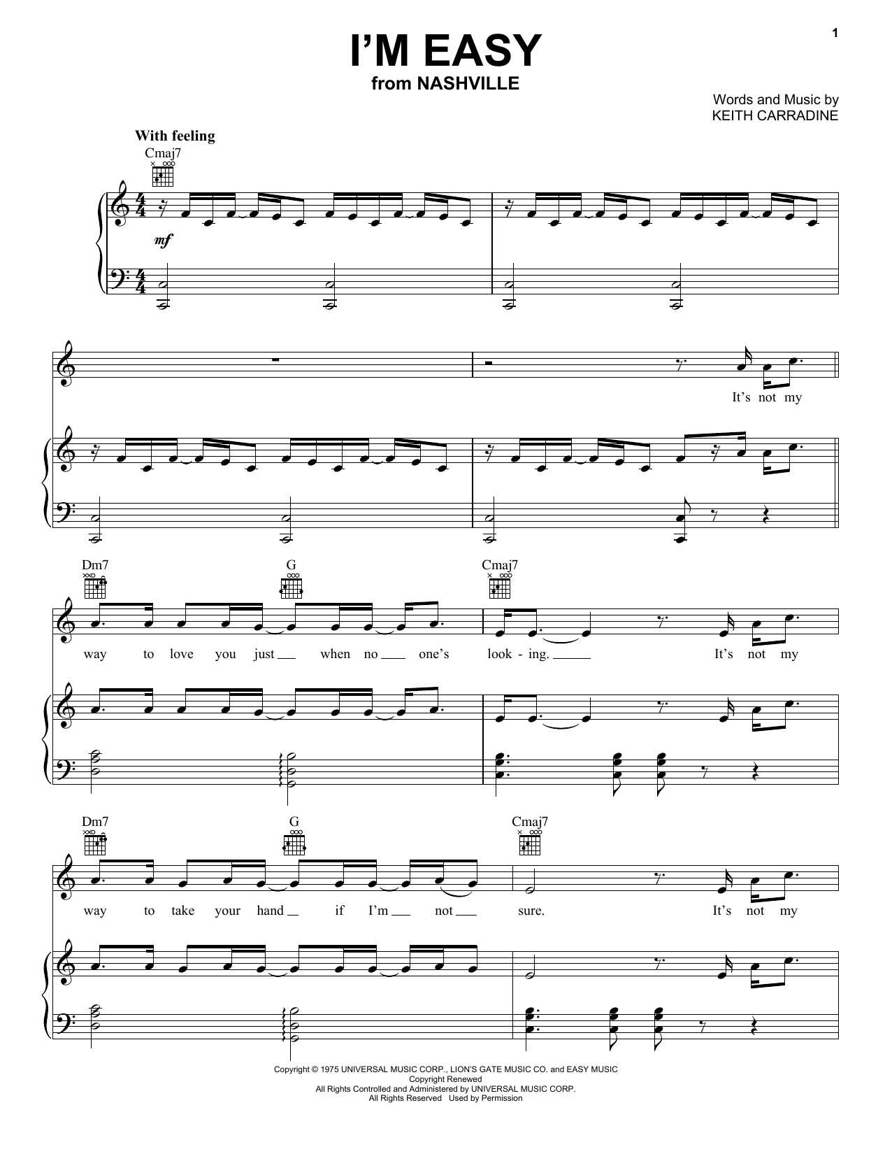 Keith Carradine I'm Easy Sheet Music Notes & Chords for Piano, Vocal & Guitar (Right-Hand Melody) - Download or Print PDF