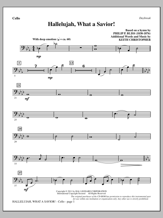 Keith Christopher Hallelujah, What A Savior! - Cello Sheet Music Notes & Chords for Choir Instrumental Pak - Download or Print PDF
