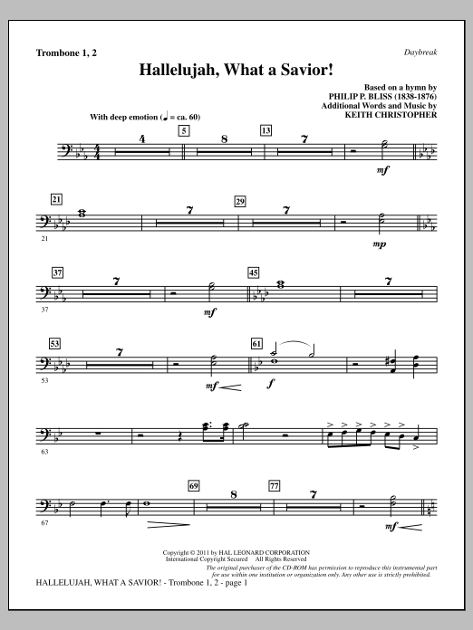 Keith Christopher Hallelujah, What A Savior! - Trombone 1 & 2 Sheet Music Notes & Chords for Choir Instrumental Pak - Download or Print PDF