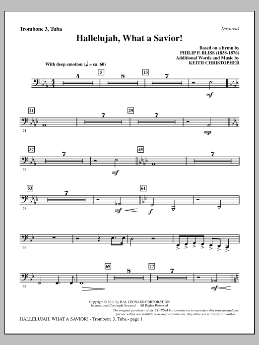 Keith Christopher Hallelujah, What A Savior! - Trombone 3/Tuba Sheet Music Notes & Chords for Choir Instrumental Pak - Download or Print PDF