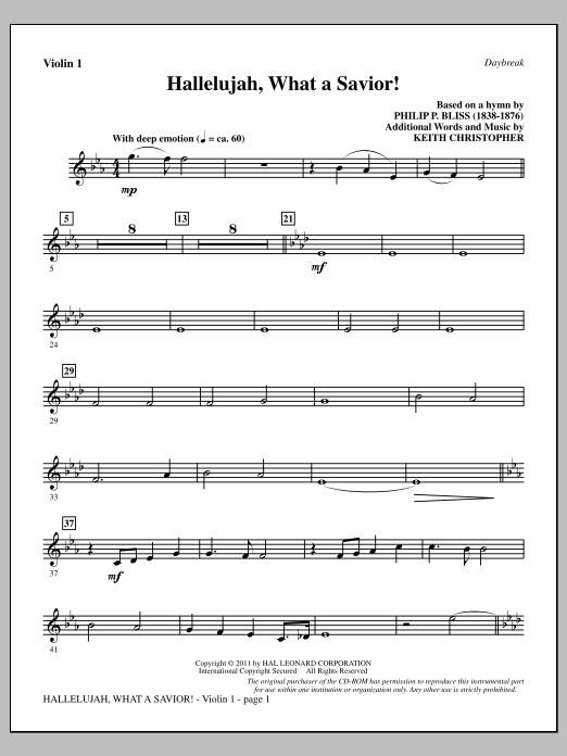 Keith Christopher Hallelujah, What A Savior! - Violin 1 Sheet Music Notes & Chords for Choir Instrumental Pak - Download or Print PDF