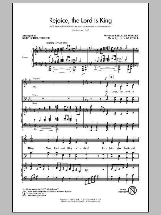 Charles Wesley Rejoice, The Lord Is King (arr. Keith Christopher) Sheet Music Notes & Chords for SATB - Download or Print PDF