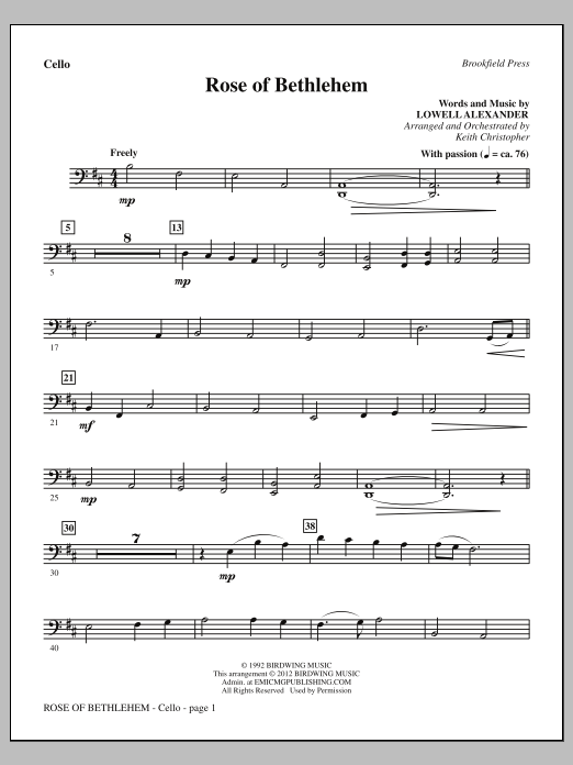 Keith Christopher Rose Of Bethlehem - Cello Sheet Music Notes & Chords for Choir Instrumental Pak - Download or Print PDF