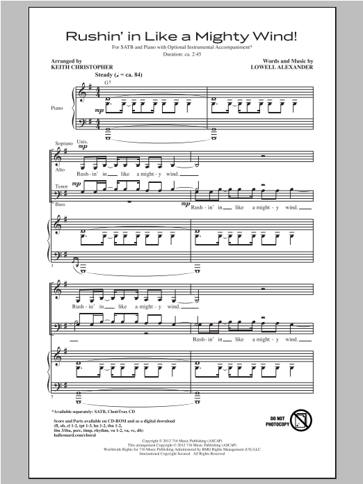 Lowell Alexander Rushin' In Like A Mighty Wind! (arr. Keith Christopher) Sheet Music Notes & Chords for SATB - Download or Print PDF