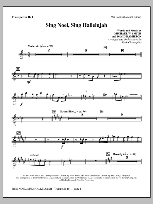 Keith Christopher Sing Noel, Sing Hallelujah - Bb Trumpet 1 Sheet Music Notes & Chords for Choir Instrumental Pak - Download or Print PDF