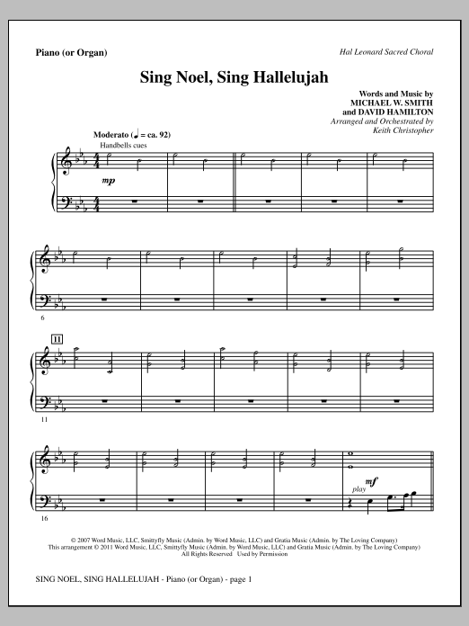Keith Christopher Sing Noel, Sing Hallelujah - Piano or Organ Sheet Music Notes & Chords for Choir Instrumental Pak - Download or Print PDF