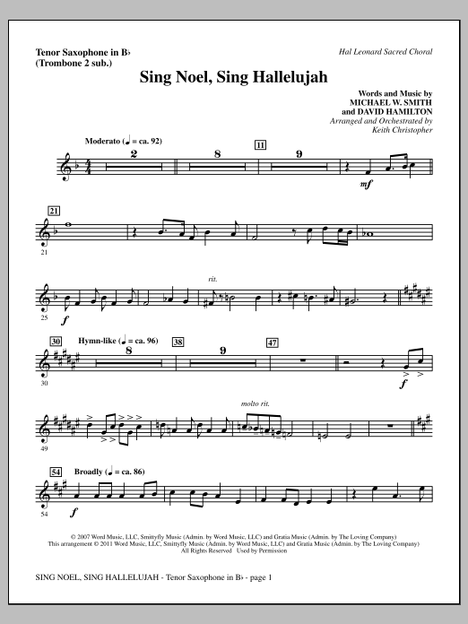Keith Christopher Sing Noel, Sing Hallelujah - Tenor Sax (sub. Tbn 2) Sheet Music Notes & Chords for Choir Instrumental Pak - Download or Print PDF