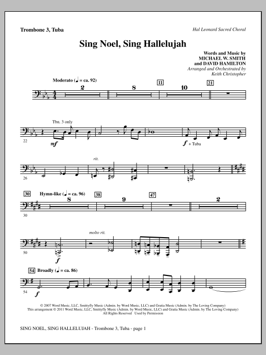 Keith Christopher Sing Noel, Sing Hallelujah - Trombone 3/Tuba Sheet Music Notes & Chords for Choir Instrumental Pak - Download or Print PDF