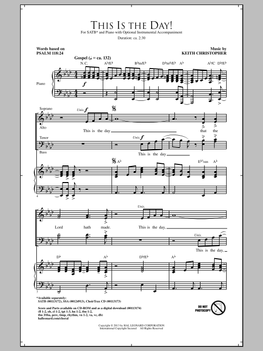 Keith Christopher This Is The Day Sheet Music Notes & Chords for SATB - Download or Print PDF