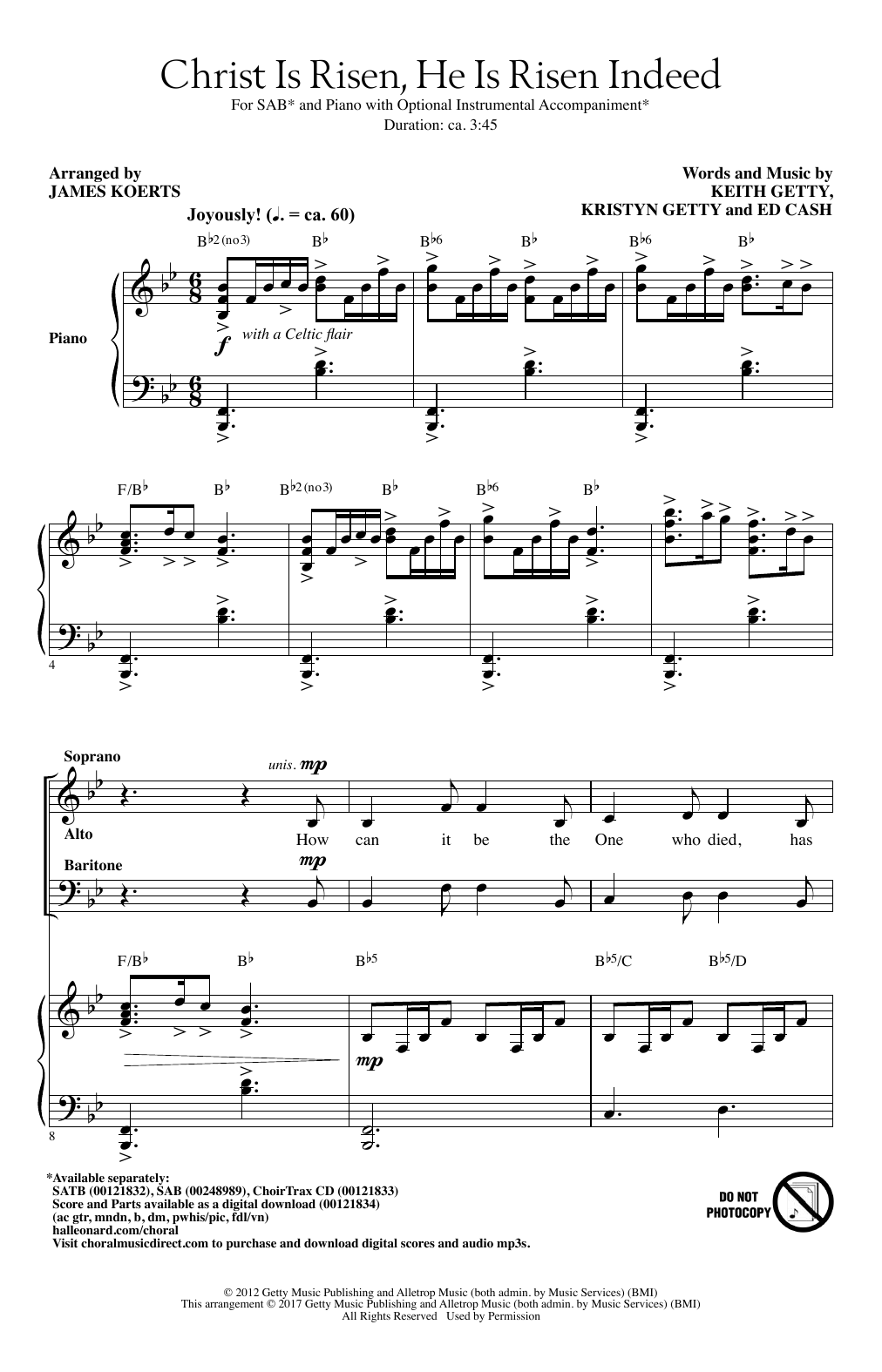 Keith Getty, Kristyn Getty and Ed Cash Christ Is Risen, He Is Risen Indeed (arr. James Koerts) Sheet Music Notes & Chords for SATB Choir - Download or Print PDF