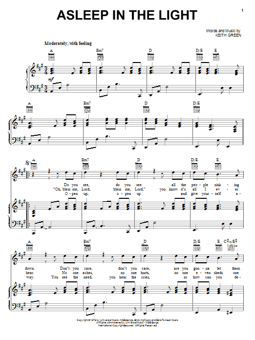 Keith Green Asleep In The Light Sheet Music Notes & Chords for Piano, Vocal & Guitar (Right-Hand Melody) - Download or Print PDF