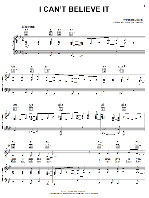 Keith Green I Can't Believe It Sheet Music Notes & Chords for Piano, Vocal & Guitar (Right-Hand Melody) - Download or Print PDF