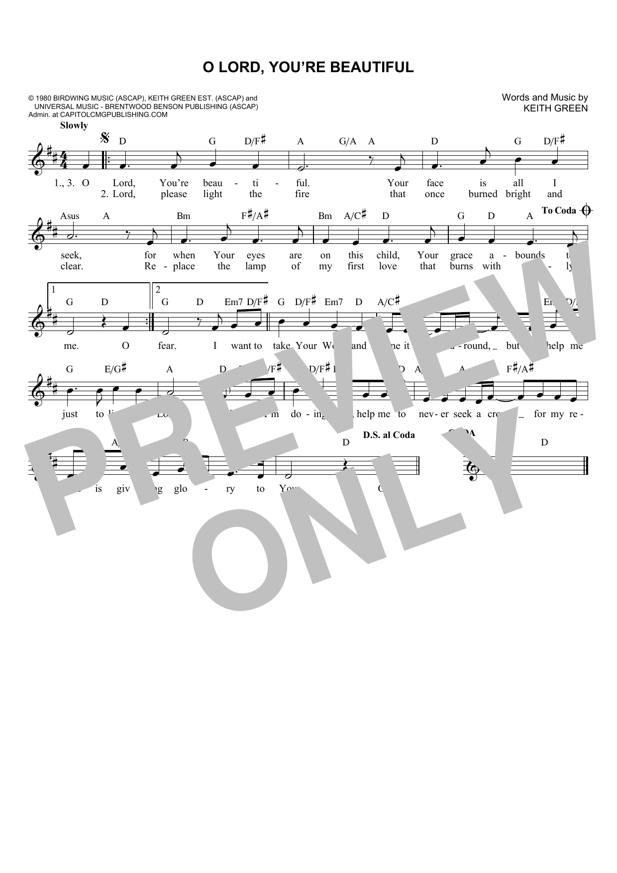 Rebecca St. James O Lord, You're Beautiful Sheet Music Notes & Chords for Melody Line, Lyrics & Chords - Download or Print PDF