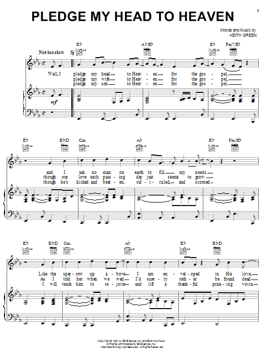 Keith Green Pledge My Head To Heaven Sheet Music Notes & Chords for Piano, Vocal & Guitar (Right-Hand Melody) - Download or Print PDF