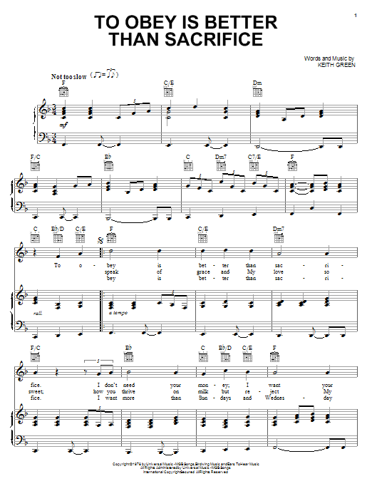 Keith Green To Obey Is Better Than Sacrifice Sheet Music Notes & Chords for Piano, Vocal & Guitar (Right-Hand Melody) - Download or Print PDF