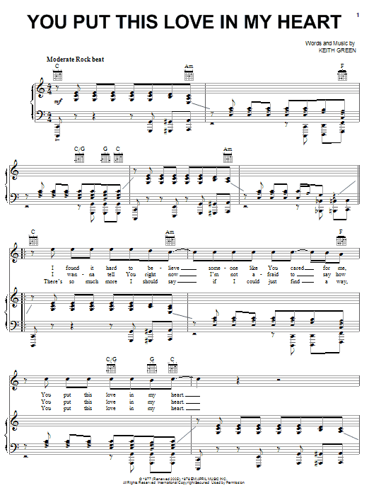 Keith Green You Put This Love In My Heart Sheet Music Notes & Chords for Piano, Vocal & Guitar (Right-Hand Melody) - Download or Print PDF