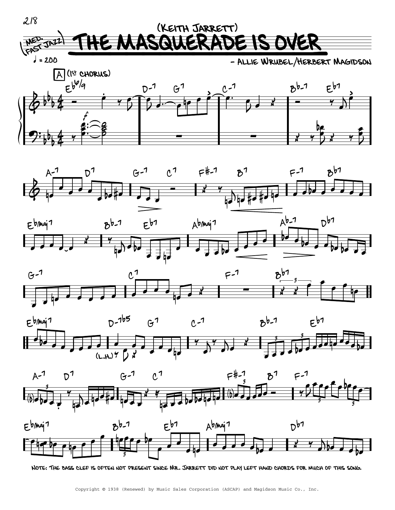 Keith Jarrett The Masquerade Is Over (solo only) Sheet Music Notes & Chords for Real Book – Melody & Chords - Download or Print PDF