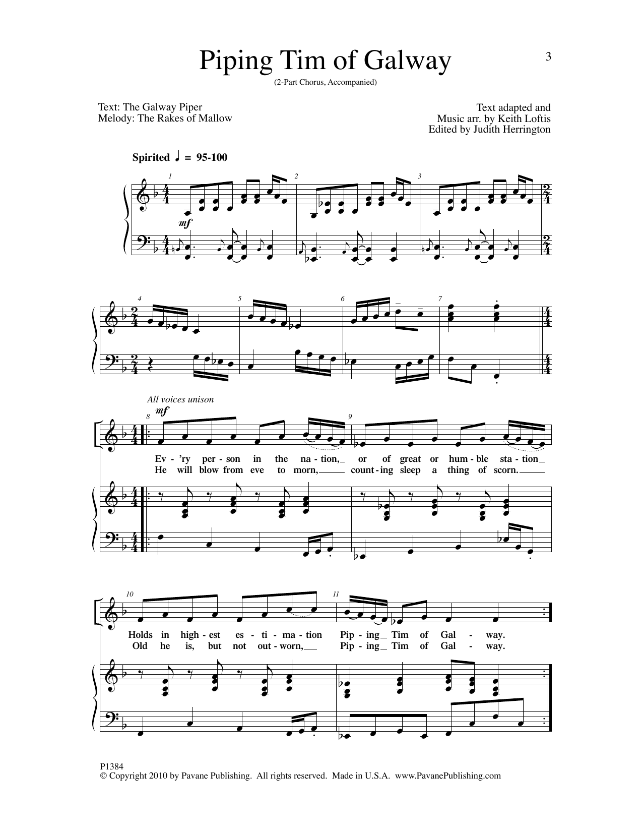 Keith Loftis Piping Tim of Galway Sheet Music Notes & Chords for 2-Part Choir - Download or Print PDF