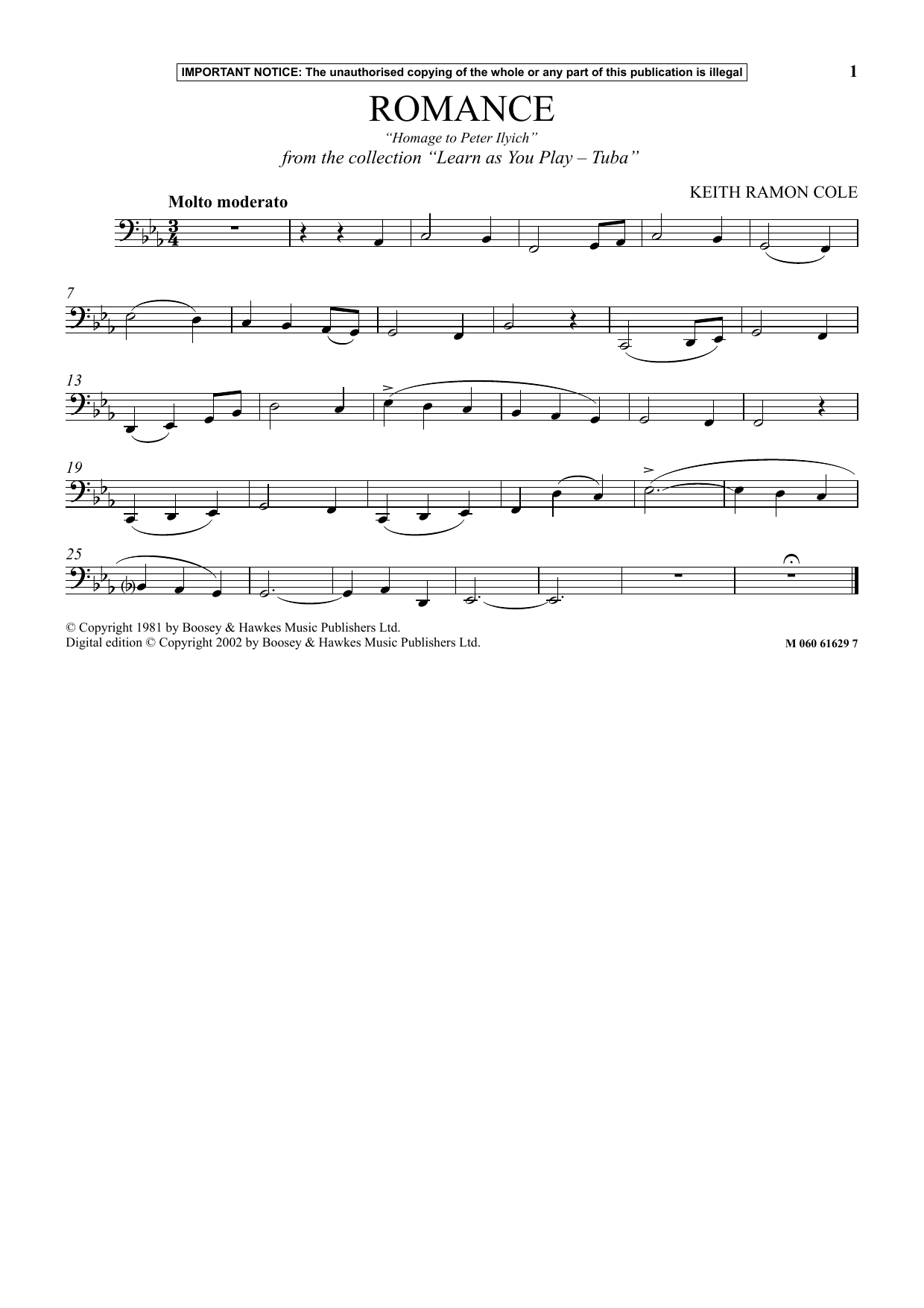 Keith Ramon Cole Romance - Homage To Peter Ilyich (from Learn As You Play Tuba) Sheet Music Notes & Chords for Instrumental Solo - Download or Print PDF