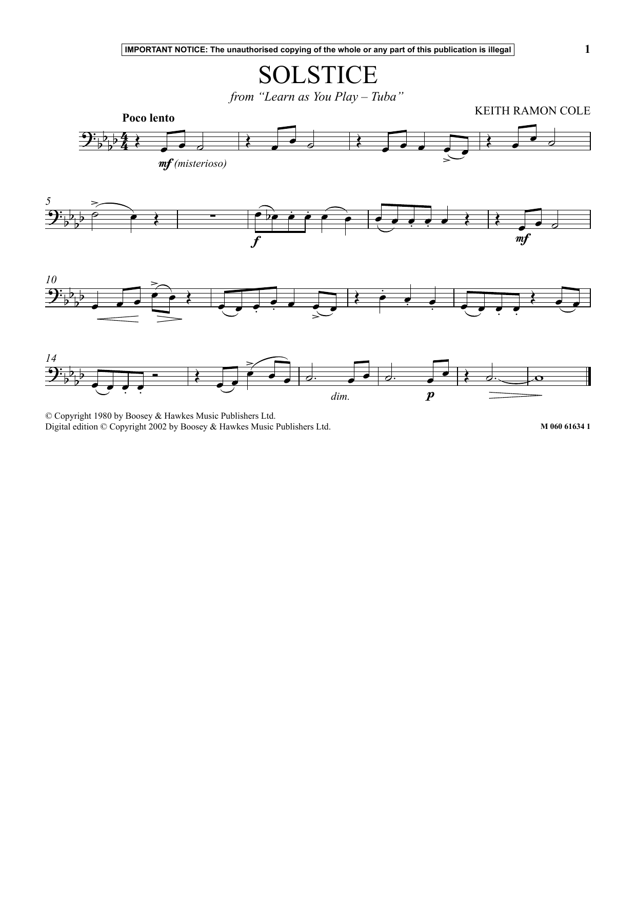 Keith Ramon Cole Solstice (from Learn As You Play Tuba) Sheet Music Notes & Chords for Instrumental Solo - Download or Print PDF