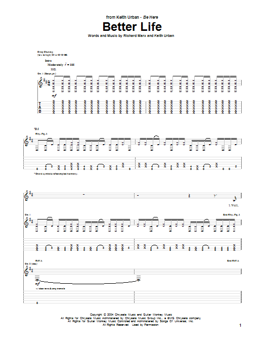 Keith Urban Better Life Sheet Music Notes & Chords for Guitar Tab - Download or Print PDF