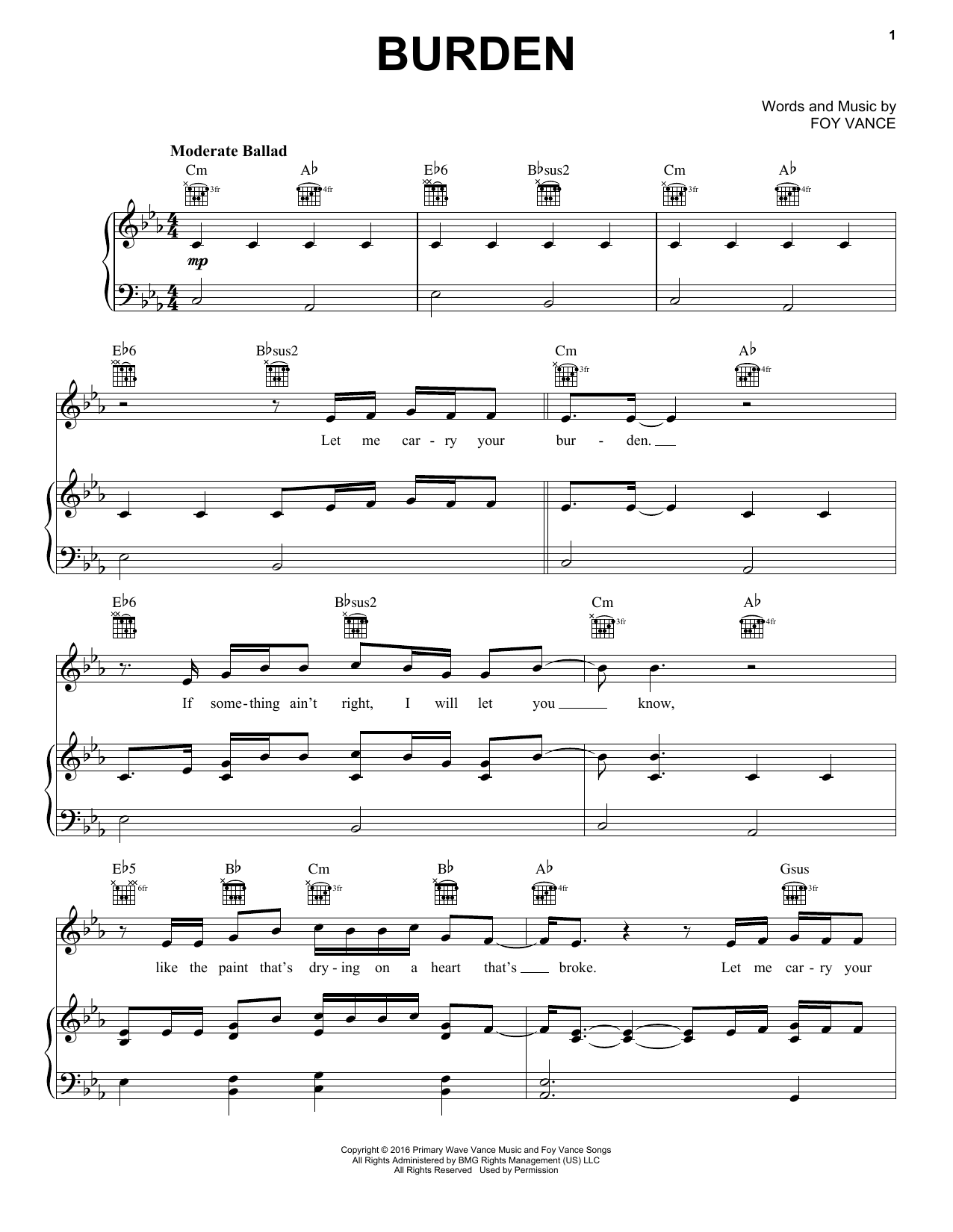 Keith Urban Burden Sheet Music Notes & Chords for Piano, Vocal & Guitar (Right-Hand Melody) - Download or Print PDF