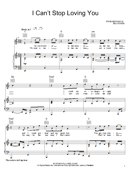 Keith Urban Can't Stop Loving You (Though I Try) Sheet Music Notes & Chords for Piano, Vocal & Guitar (Right-Hand Melody) - Download or Print PDF