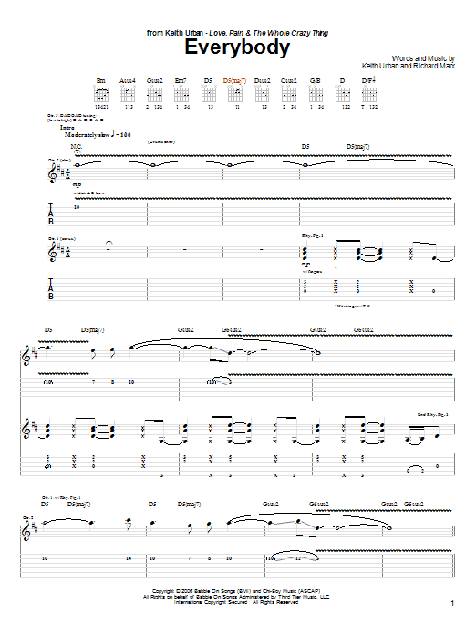 Keith Urban Everybody Sheet Music Notes & Chords for Guitar Tab - Download or Print PDF