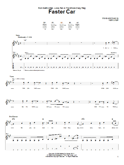 Keith Urban Faster Car Sheet Music Notes & Chords for Guitar Tab - Download or Print PDF
