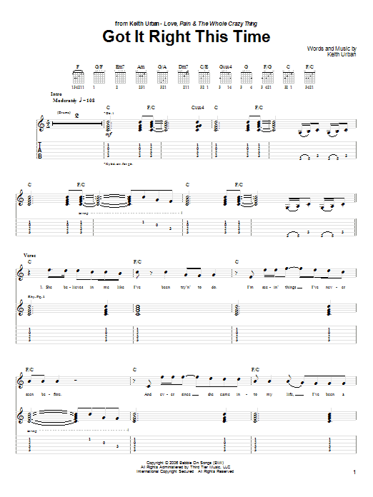 Keith Urban Got It Right This Time Sheet Music Notes & Chords for Guitar Tab - Download or Print PDF
