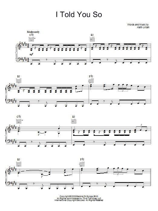 Keith Urban I Told You So Sheet Music Notes & Chords for Piano, Vocal & Guitar (Right-Hand Melody) - Download or Print PDF