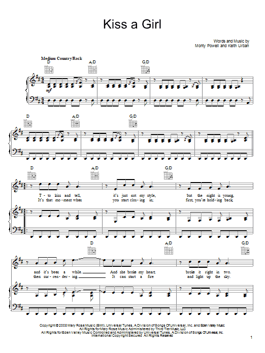 Keith Urban Kiss A Girl Sheet Music Notes & Chords for Guitar Tab - Download or Print PDF
