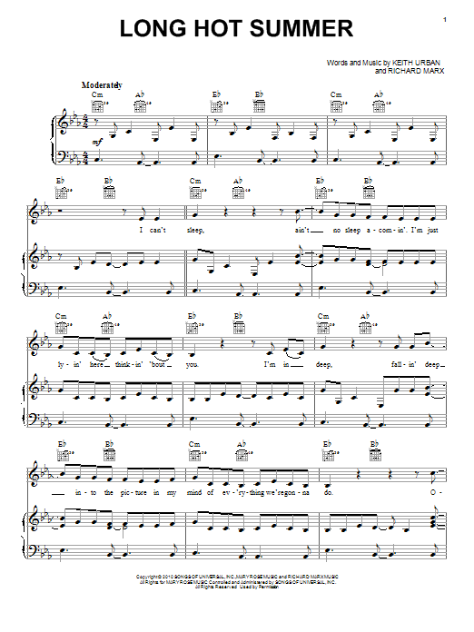 Keith Urban Long Hot Summer Sheet Music Notes & Chords for Piano, Vocal & Guitar (Right-Hand Melody) - Download or Print PDF