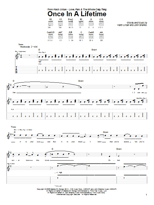 Keith Urban Once In A Lifetime Sheet Music Notes & Chords for Guitar Tab - Download or Print PDF