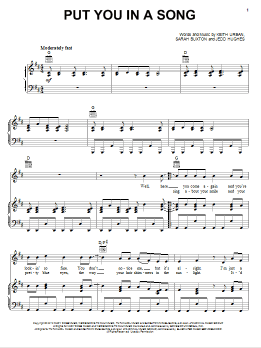 Keith Urban Put You In A Song Sheet Music Notes & Chords for Easy Guitar Tab - Download or Print PDF
