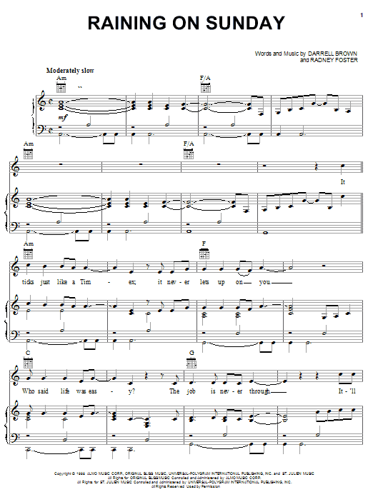 Keith Urban Raining On Sunday Sheet Music Notes & Chords for Piano, Vocal & Guitar (Right-Hand Melody) - Download or Print PDF