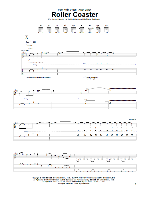 Keith Urban Roller Coaster Sheet Music Notes & Chords for Guitar Tab - Download or Print PDF