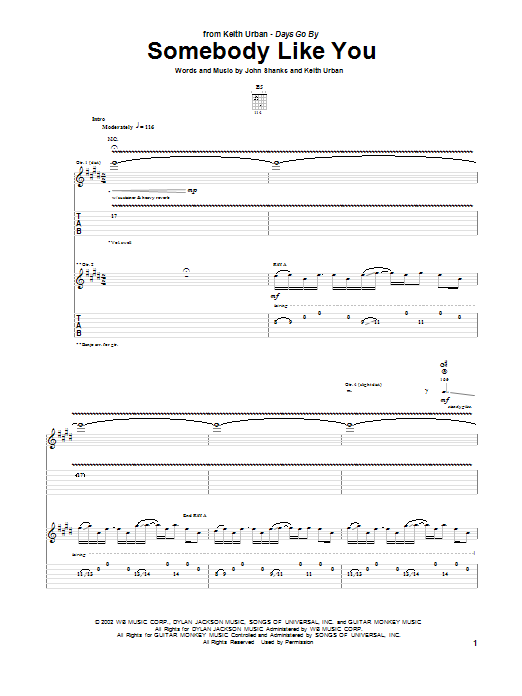 Keith Urban Somebody Like You Sheet Music Notes & Chords for Guitar Tab - Download or Print PDF