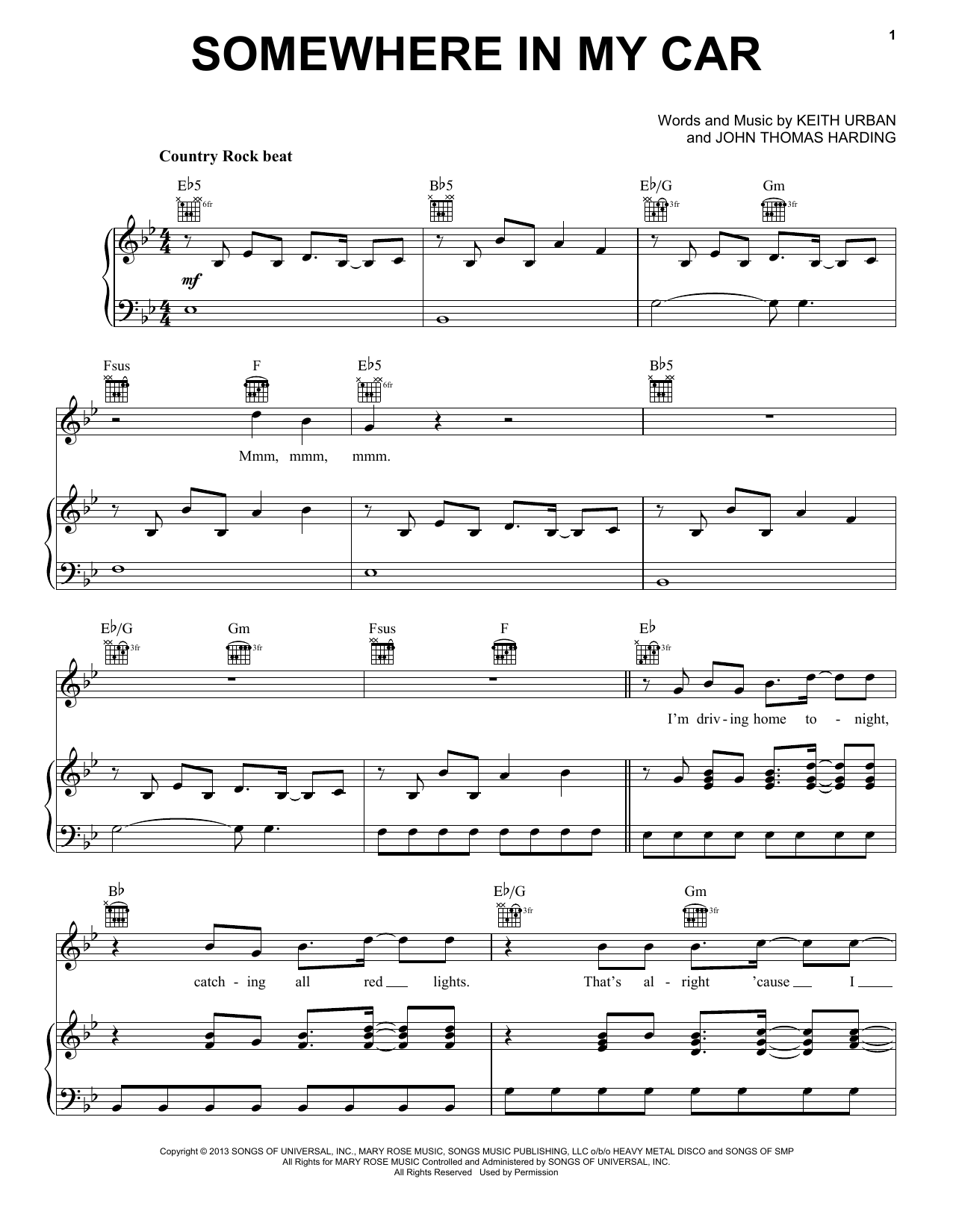 Keith Urban Somewhere In My Car Sheet Music Notes & Chords for Piano, Vocal & Guitar (Right-Hand Melody) - Download or Print PDF