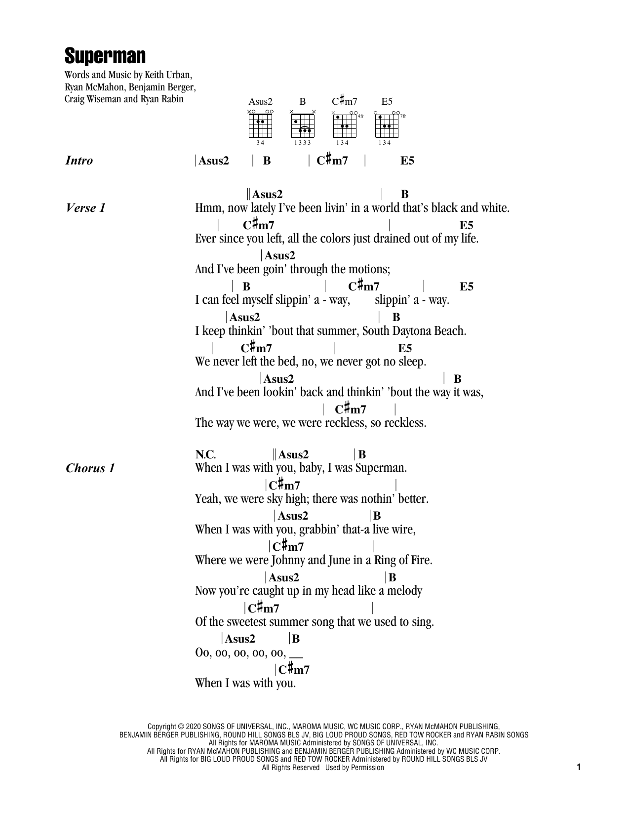 Keith Urban Superman Sheet Music Notes & Chords for Guitar Chords/Lyrics - Download or Print PDF