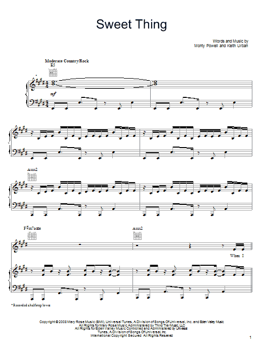 Keith Urban Sweet Thing Sheet Music Notes & Chords for Piano, Vocal & Guitar (Right-Hand Melody) - Download or Print PDF