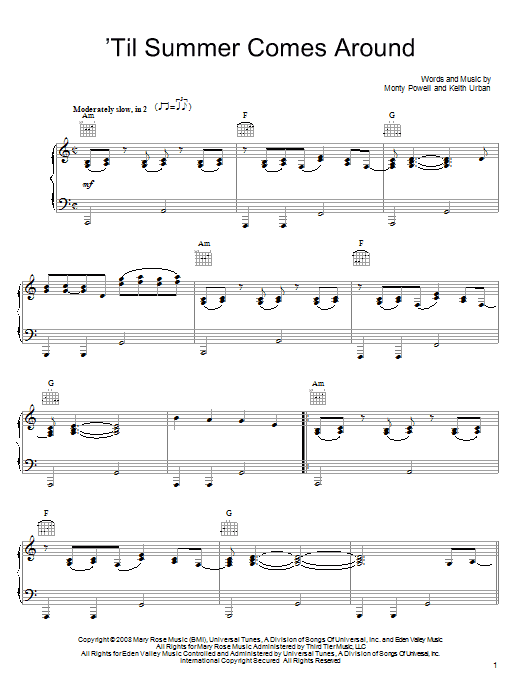 Keith Urban 'Til Summer Comes Around Sheet Music Notes & Chords for Guitar Tab - Download or Print PDF