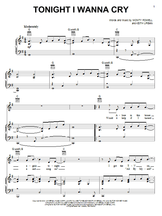 Keith Urban Tonight I Wanna Cry Sheet Music Notes & Chords for Easy Piano - Download or Print PDF