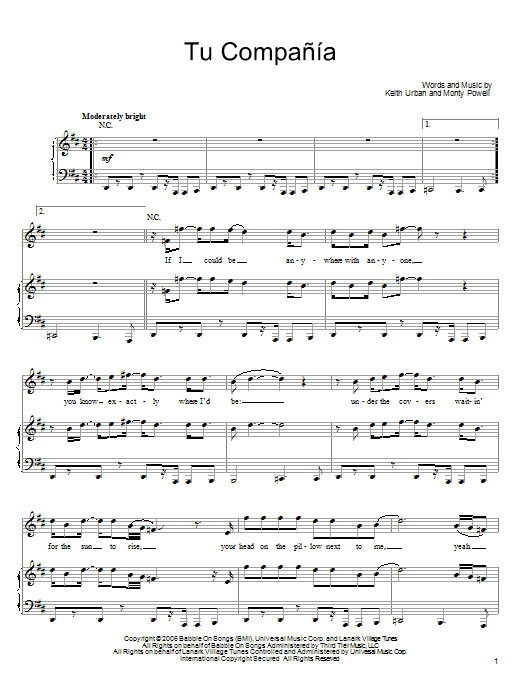 Keith Urban Tu Compania Sheet Music Notes & Chords for Guitar Tab - Download or Print PDF