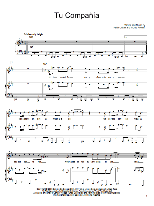 Keith Urban Tu Compania Sheet Music Notes & Chords for Piano, Vocal & Guitar (Right-Hand Melody) - Download or Print PDF